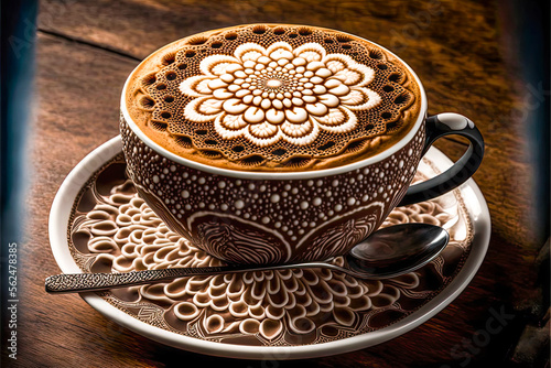 a cup of coffee with a design on the foam - Generative AI © Exuberation 
