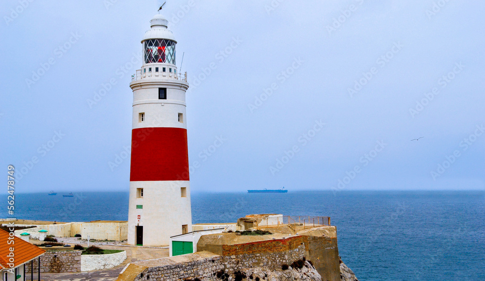 The historic 19th century Europa Point Lighthouse built at the tip of Gibraltar overlooking the Strait of Gibraltar.