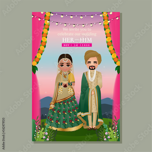 Cute hindu couple in traditional indian dress cartoon character.Romantic wedding invitation card