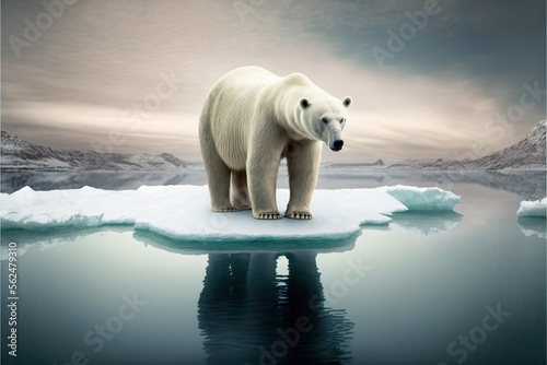 Polar bear standing on a shrinking ice cap  concept of climate change  climate warming  created with Generative AI technology