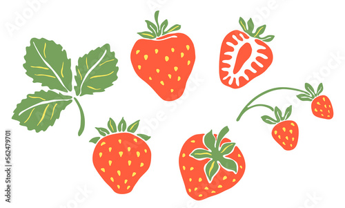 Set of red strawberries. Decorative berries and leaves.