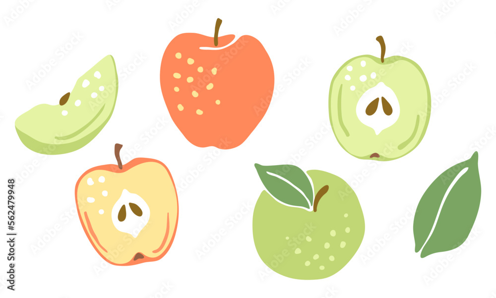 Set of ripe apples. Decorative fruits and leaves. Set of ripe apples. Decorative fruits and leaves.