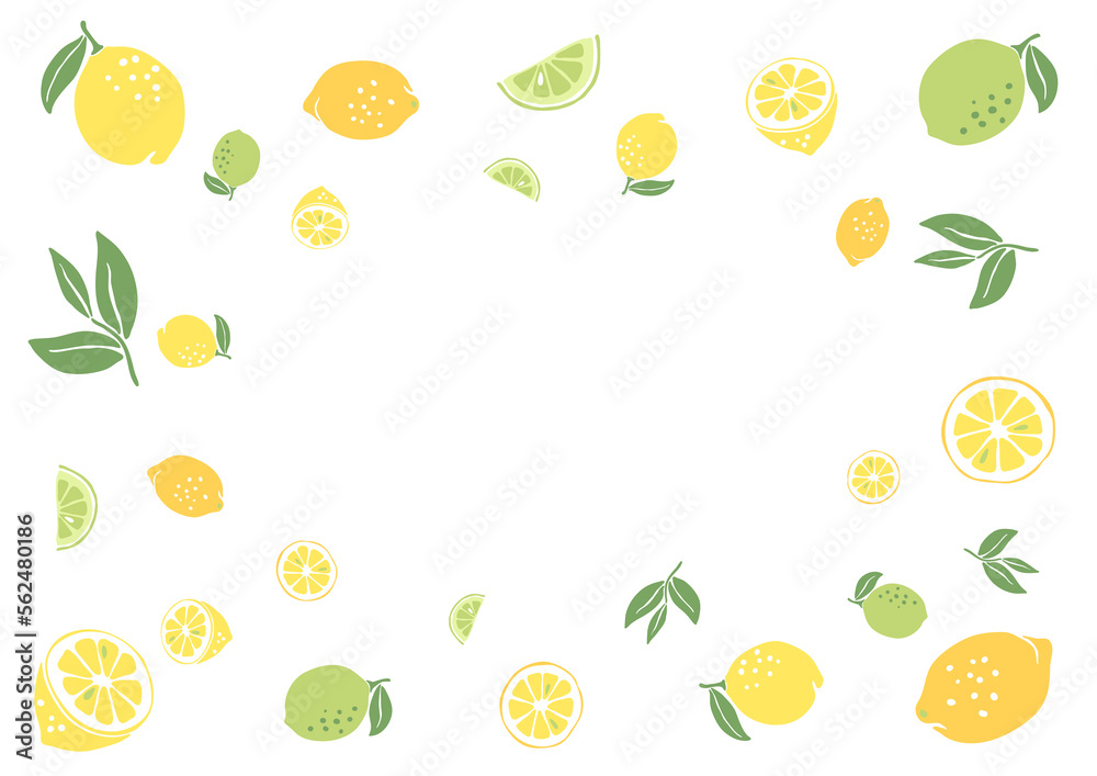 Frame with ripe lemons and limes. Decorative fruits and leaves. Frame with ripe lemons and limes. Decorative fruits and leaves.