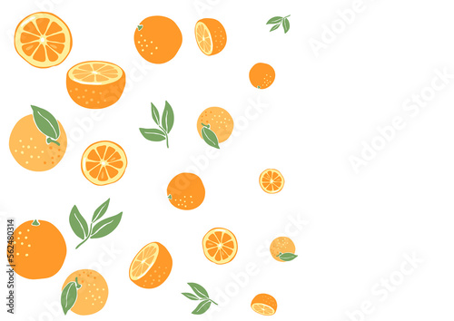 Background with ripe oranges. Decorative fruits and leaves.