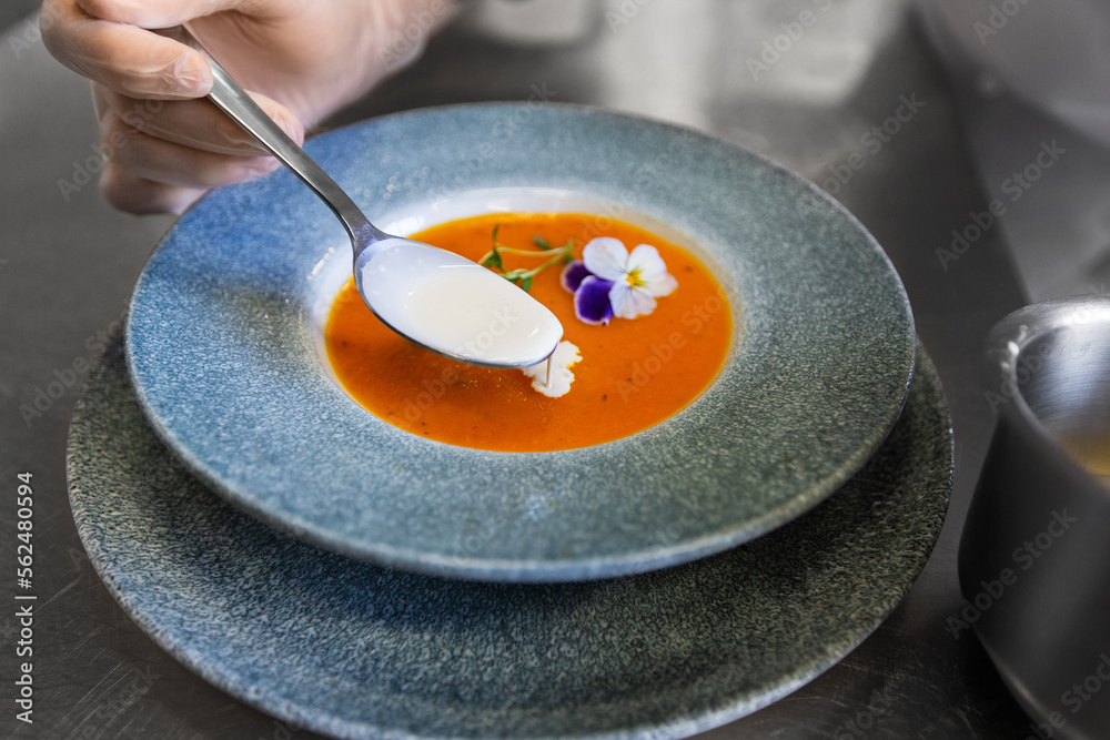 Φωτογραφία food cooking, profession and people concept - close up of chef serving plate of