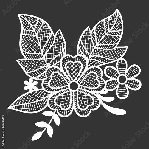 Lace decorative element with flowers and leaves. Embroidery handmade decoration.
