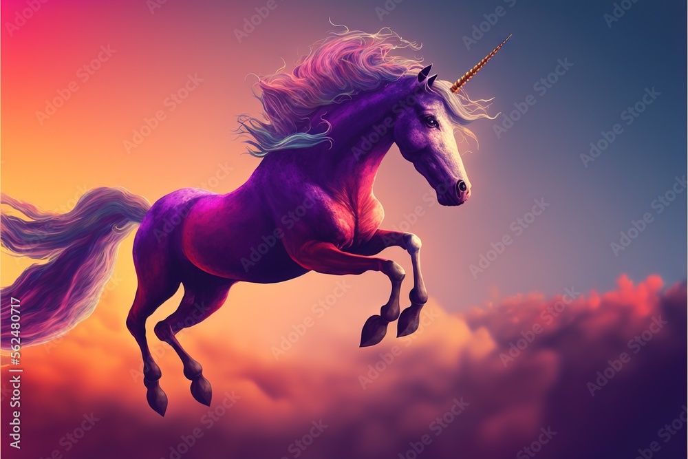 a unicorn is flying through the air with a rainbow mane on its back and ...