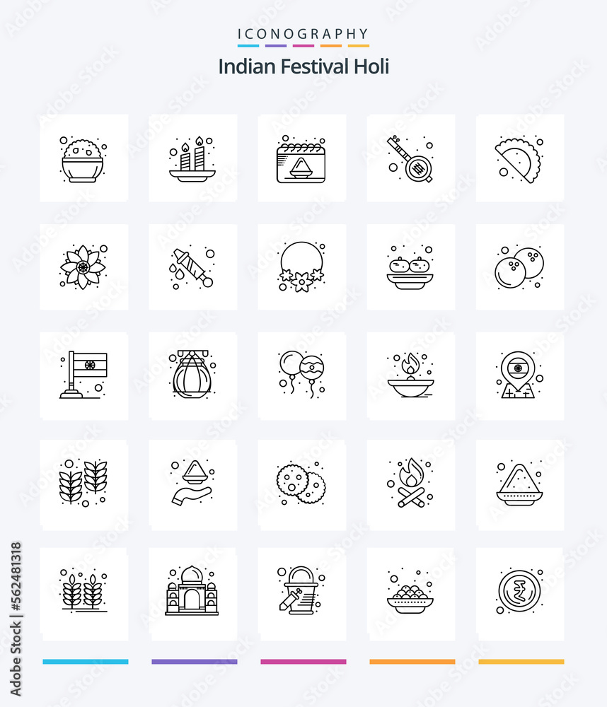Creative Holi 25 OutLine icon pack  Such As gujjia. party. calendar. veena. india
