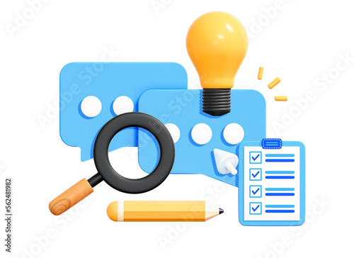 3D Creation of graphic design. Creative project progress and solution. Speech bubble message with lightbulb, magnifier and pen. Student tools. Education concept. Cartoon icon isolated. 3D Rendering