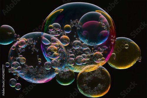  a group of soap bubbles floating in the air on a black background with bubbles floating in the air and on the ground, all of which are bubbles are floating in different colors, and. Generative AI