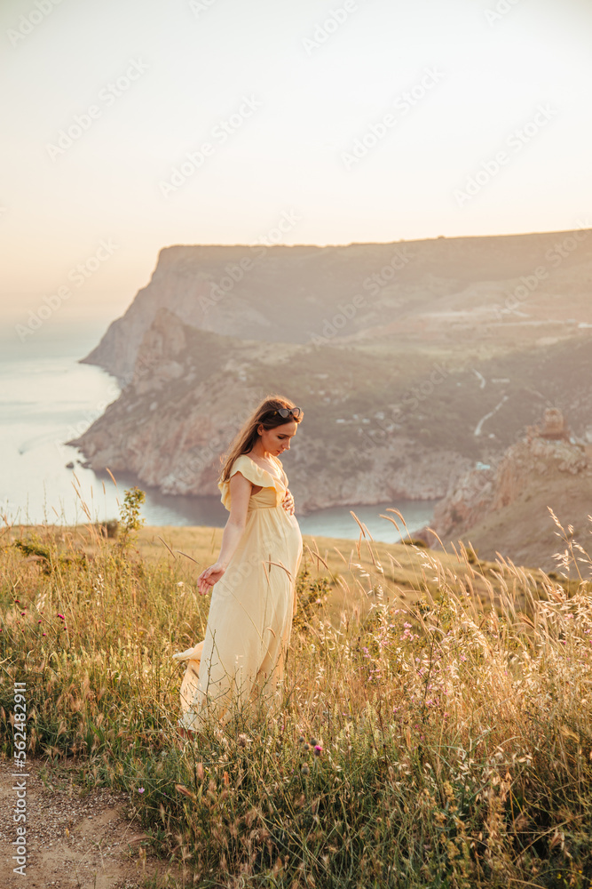 Pregnant young woman in a long yellow dress. Outdoor portrait in the mountains. Family and child planning, healthy lifestyle, health and baby care. Preparation for childbirth, walks in the fresh air. Pregnant young woman in a long yellow dress. Outdoor portrait in the mountains. Family and child planning, healthy lifestyle, health and baby care. Preparation for childbirth, walks in the fresh air.