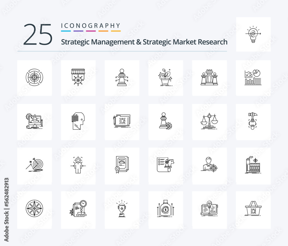 Strategic Management And Strategic Market Research 25 Line icon pack including computer. success. chess. grown. plant