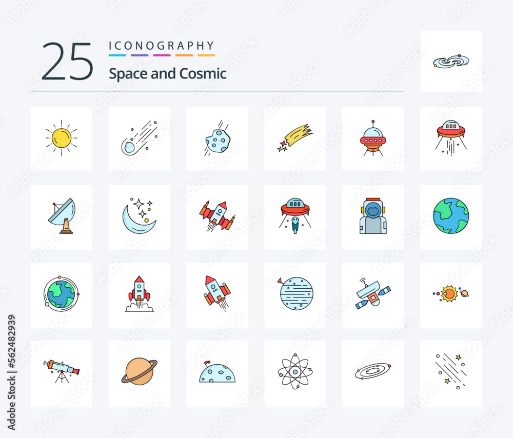 Space 25 Line Filled icon pack including . rocket. meteor. ship. space ship