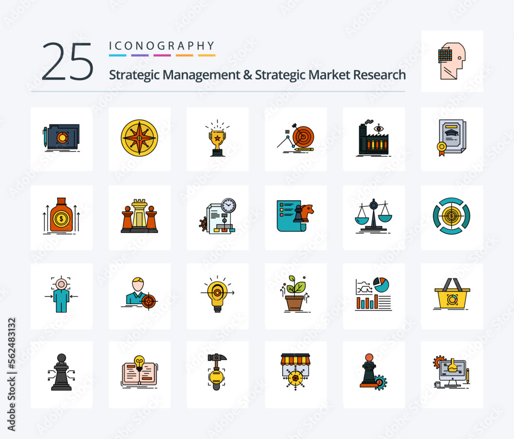 Strategic Management And Strategic Market Research 25 Line Filled icon pack including mill. goal. position. success. trophy