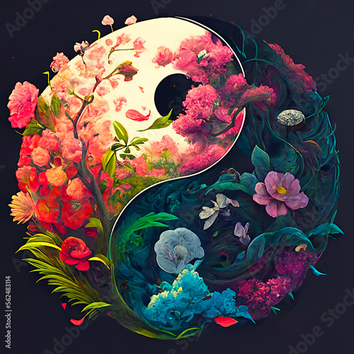 Yin yang design with beautiful flowers. Perfect harmony. Ai illustration, fantasy digital painting , artificial intelligence artwork  photo