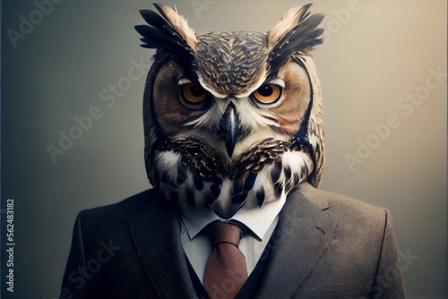 Isolated portrait of an owl in a man's body wearing a suit and tie - Generated by Generative AI