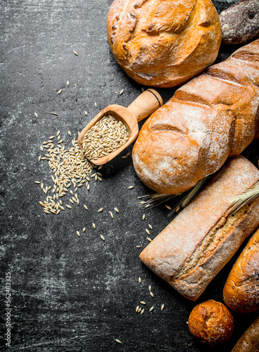 Different types of bread with grain.