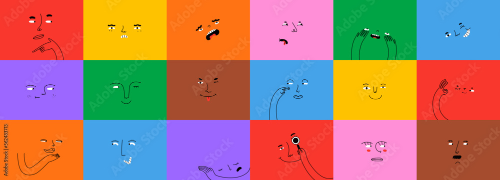 Diverse people face doing funny hand gesture and emotion. Colorful avatar design set, modern flat cartoon character collection in simple doodle art style for psychology concept or social reaction.  - obrazy, fototapety, plakaty 