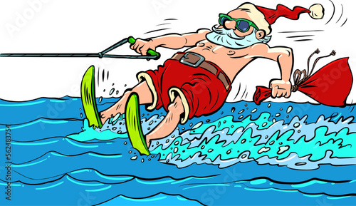 Santa Claus relaxing at a seaside resort. Man water skiing. New Year and Christmas
