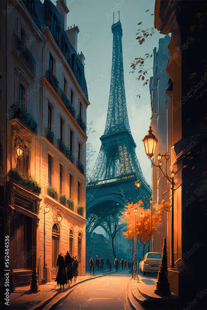 Street of Paris, France with Eiffel Tower - Digital Painting  - Generative AI