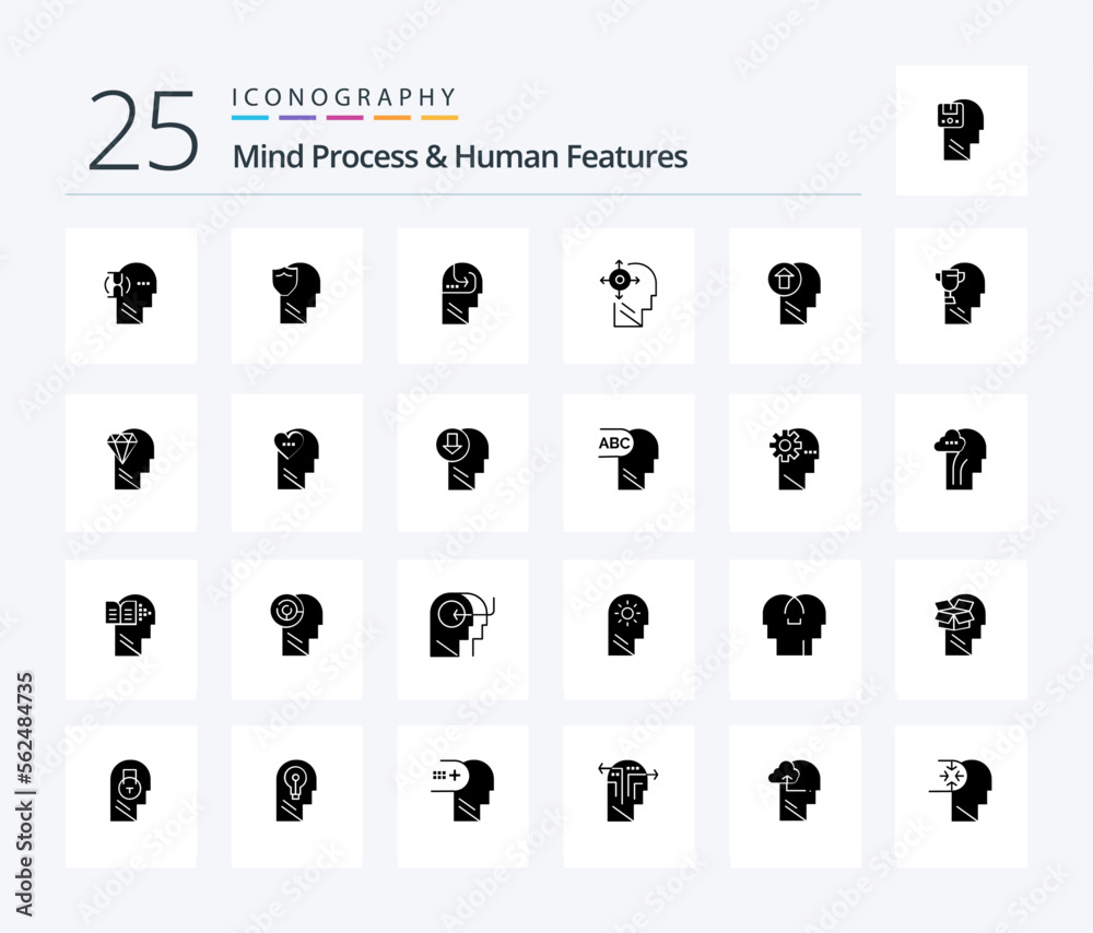 Mind Process And Human Features 25 Solid Glyph icon pack including arrow. yourself . data. transform. head