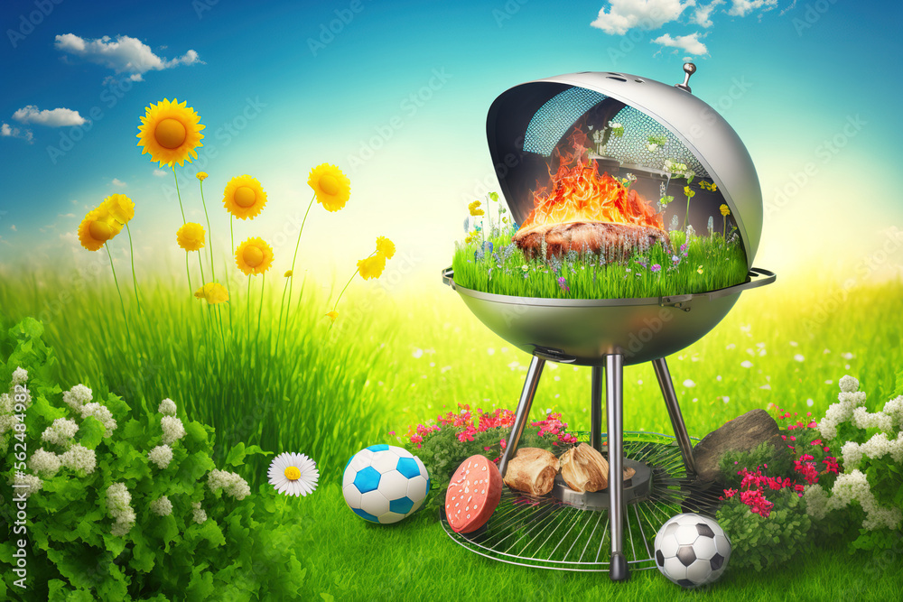 Barbecue in the open air in the summer or spring with a soccer ball ...