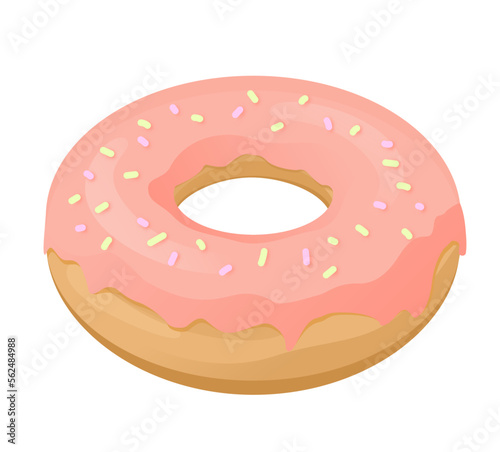 Donut with sprinkles and pink glaze. Yellow, pink. Vector illustration