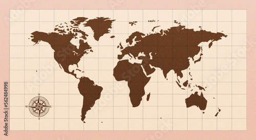 world map in old paper illustration with compass