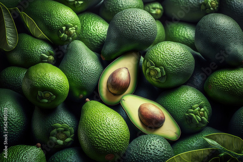 green avocados in a bunch at the neighborhood grocery. wholesome fresh fruit. Generative AI photo