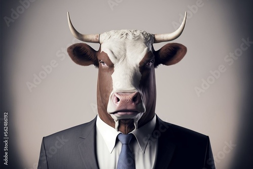 Isolated portrait of a cow in a man's body wearing a suit and tie - Generated by Generative AI