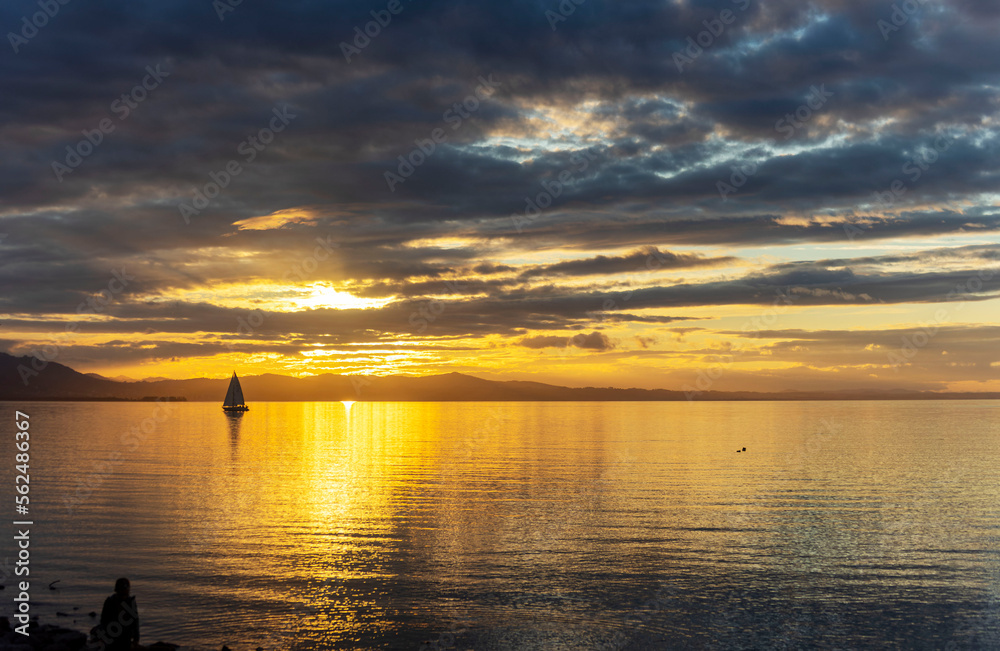 Fototapeta premium A Sailing boat in Lindau at the Lake Constance in Bavaria, Germany, Europe
