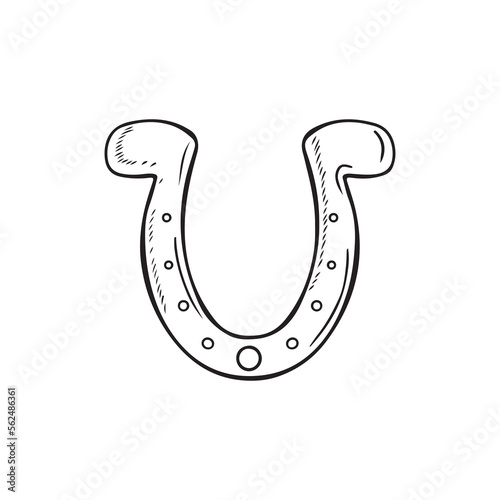 Decorative golden horseshoe for luck in black isolated on white background. Hand drawn vector sketch illustration in doodle engraved vintage outline style. St. Patrick's day, wealth, lucky, symbol.