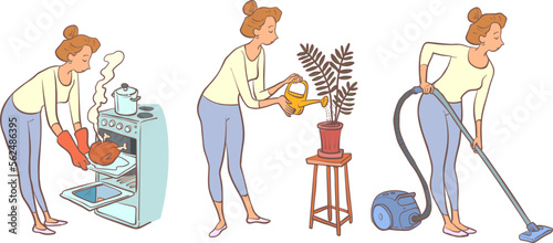 A girl with a red hairdo cooks and uses the dishwasher, waters the flowers and vacuums the floor. The home routine of a woman who is at home a lot.