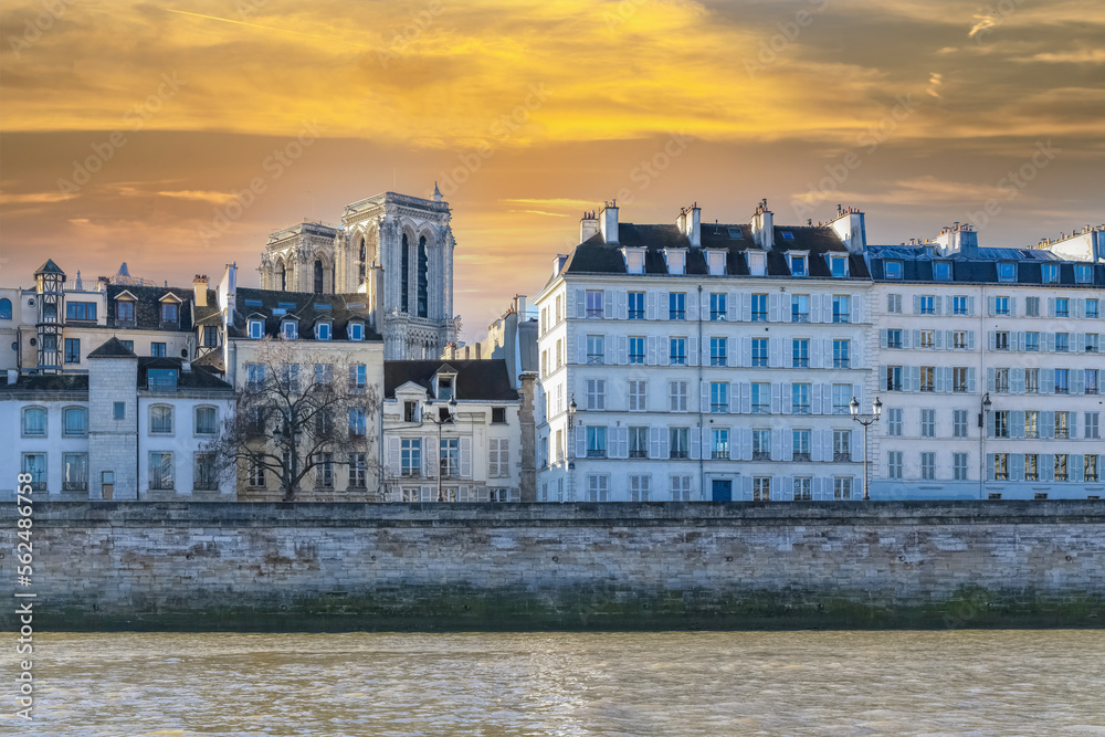 Paris, ile saint-louis and quai aux Fleurs, beautiful ancient buildings, with the Notre-Dame cathedral
 - obrazy, fototapety, plakaty 