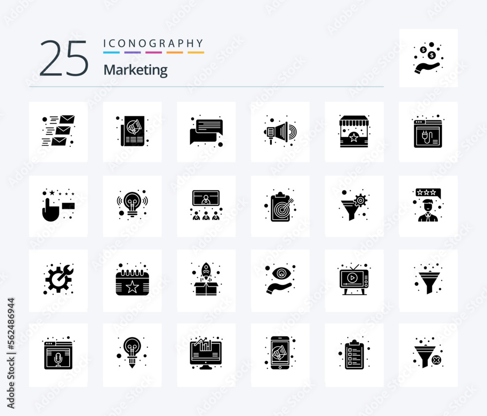 Marketing 25 Solid Glyph icon pack including shop. speaker. press. promotion. message