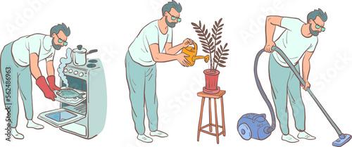 The man does household chores, cooks food in the oven, waters the plants and vacuums the floor. Responsible husband doing housework.