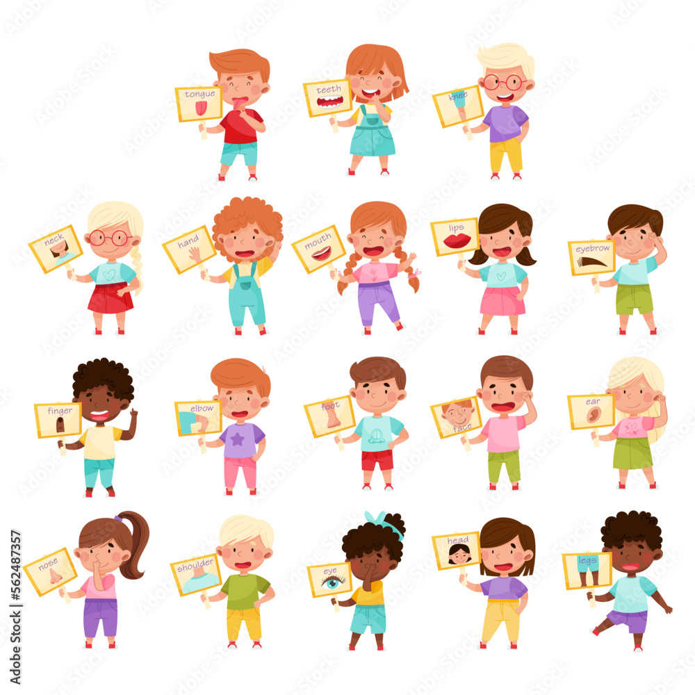 Happy Children Showing Cards with Body Part Vector Set Happy Children Showing Cards with Body Part Vector Set