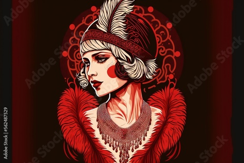  a woman with a red feather hat and red dress with a red background and a red circle around her neck and a red feathered collar and a red background with a black circle with. Generative AI