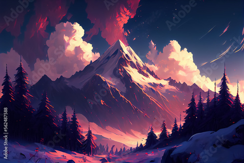 Snowy colorful mountain with forest and clouds by AI. Magic, calmness and anime style.
