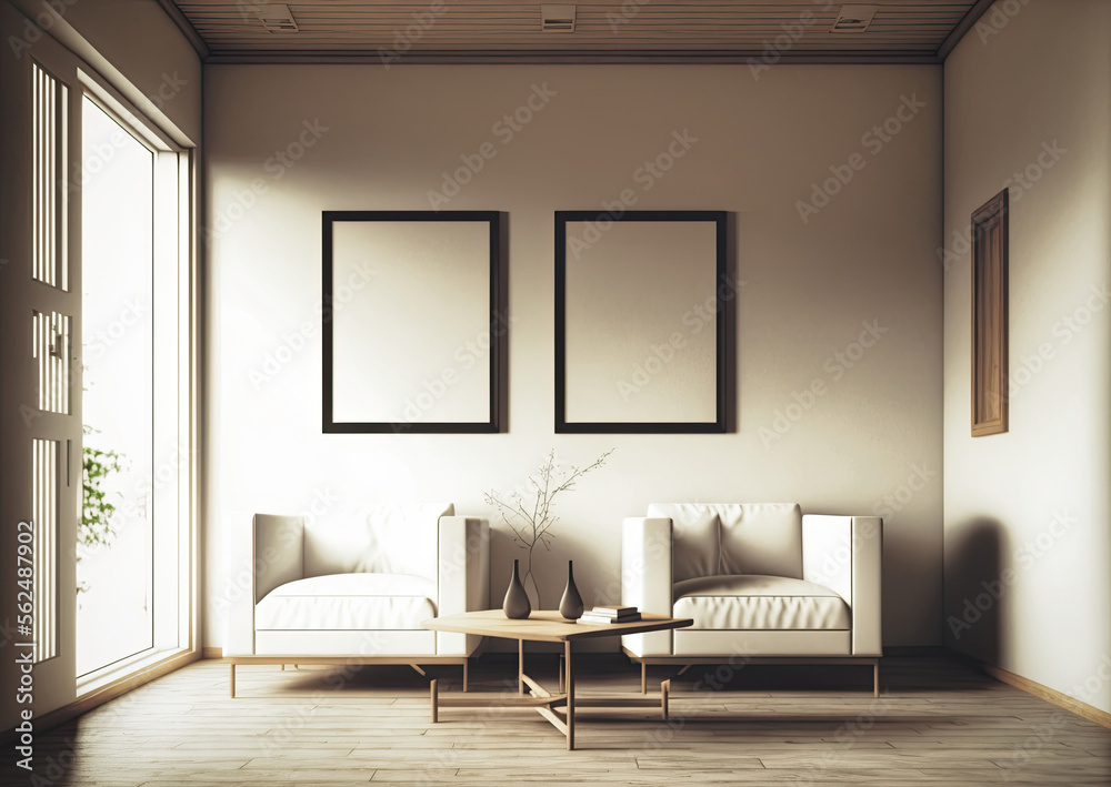 Two Empty Art Frames Above Two Chairs In A Waiting Room. Frame Mockup Template. Generative AI Two Empty Art Frames Above Two Chairs In A Waiting Room. Frame Mockup Template. Generative AI