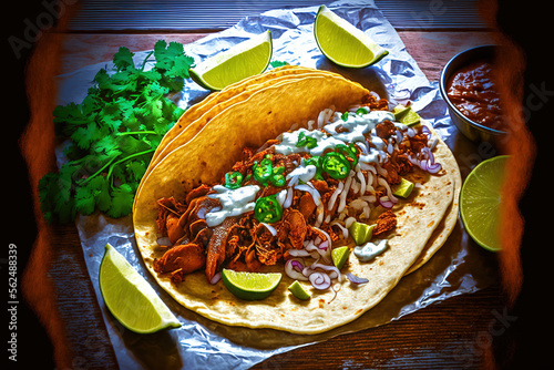 Mexican al pastor tacos. Generative AI photo