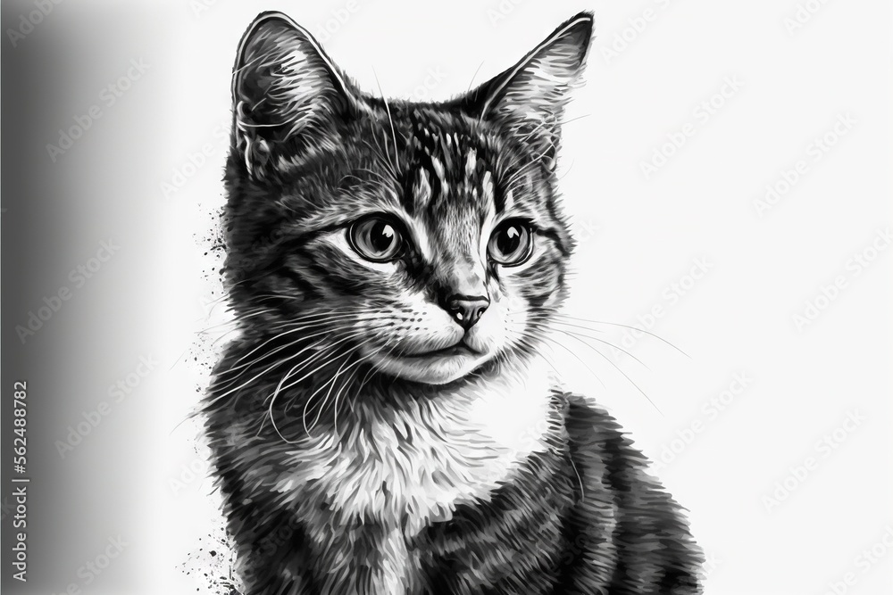 a black and white drawing of a cat with a sad look on its face and eyes ...