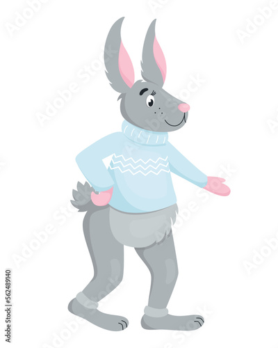 Vector illustration of funny cartoon Bunny in a knitted sweater. Cute gray rabbit in a light blue sweater. Vector illustration in flat style isolated on white background.
