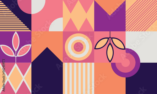 Geometric composition template with simple shape and figure. Patchwork pattern. Design for banner, flyer, print, poster, wallpaper, fabric. Pattern design with branches in vibrant colors.