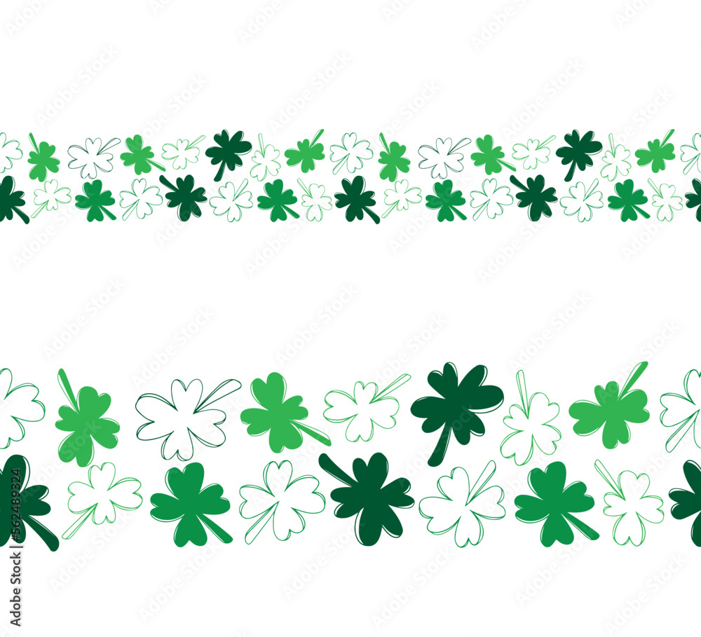 Seamless border frame with green clover isolated on white background. Hand drawn vector silhouette sketch illustration in flat lineart style. happy saint Patrick's day, fortune lucky, botanical plant Seamless border frame with green clover isolated on white background. Hand drawn vector silhouette sketch illustration in flat lineart style. happy saint Patrick's day, fortune lucky, botanical plant