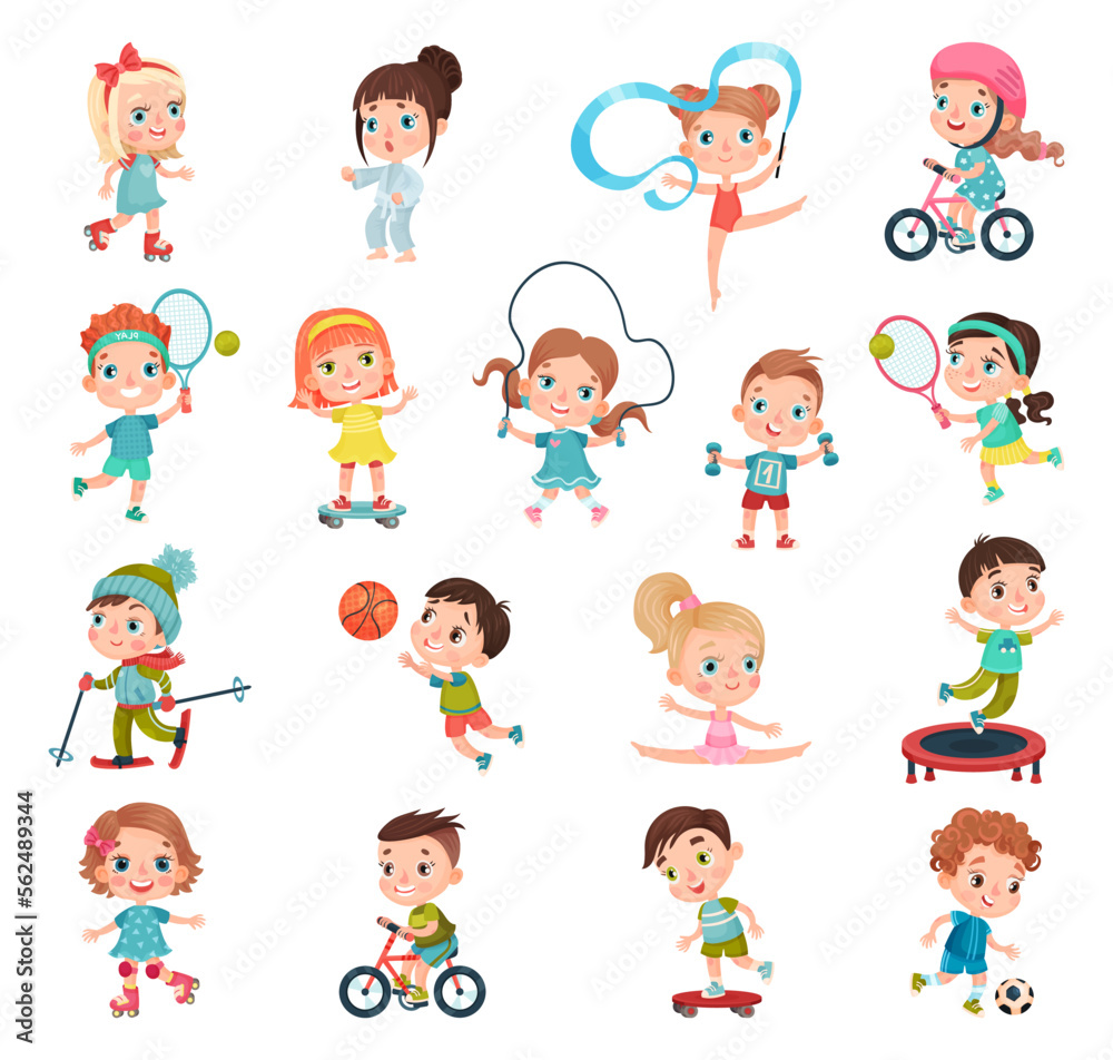 Kids Practicing Different Sports and Physical Activities In Education Class Gym and Outdoors Vector Set Kids Practicing Different Sports and Physical Activities In Education Class Gym and Outdoors Vector Set