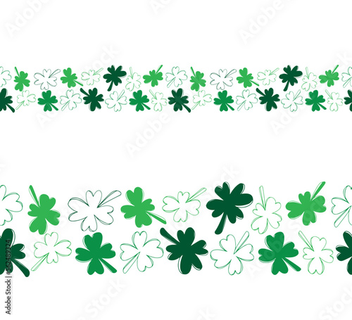 Seamless border frame with green clover isolated on white background. Hand drawn vector silhouette sketch illustration in flat lineart style. happy saint Patrick s day  fortune lucky  botanical plant