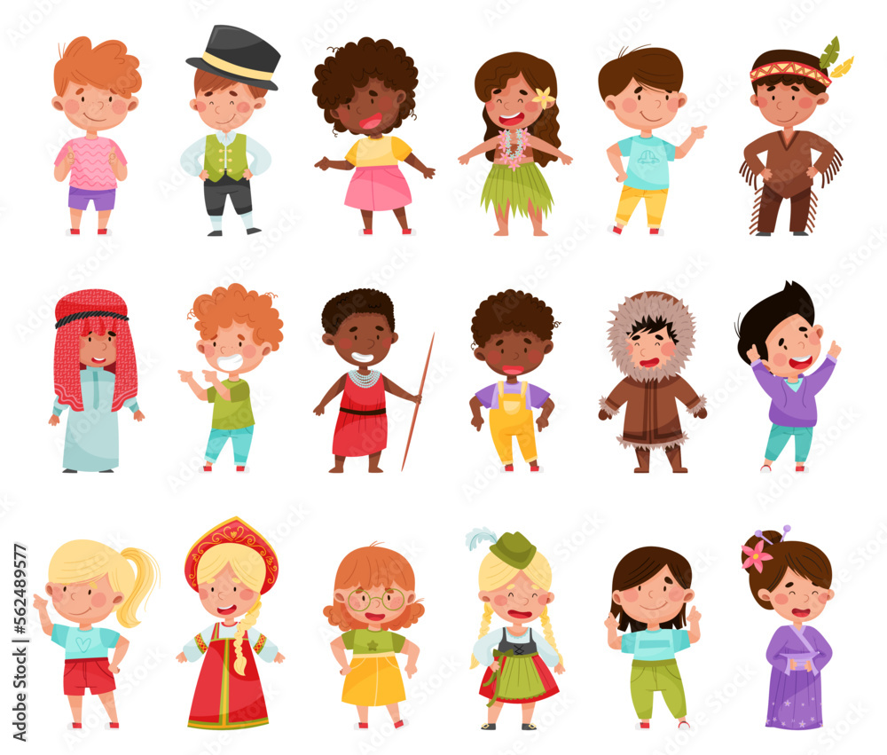 Kids Wearing National Costumes of Different Countries Vector Illustration Set