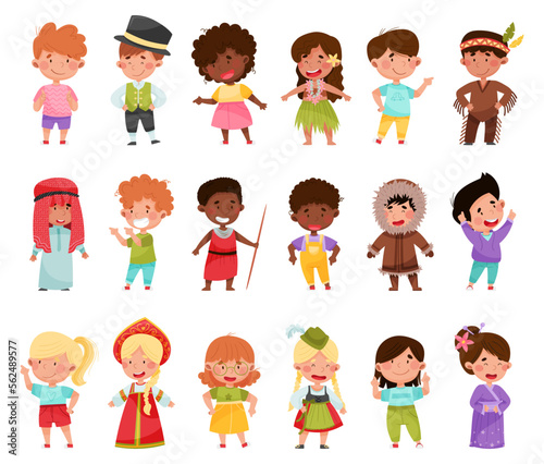 Kids Wearing National Costumes of Different Countries Vector Illustration Set