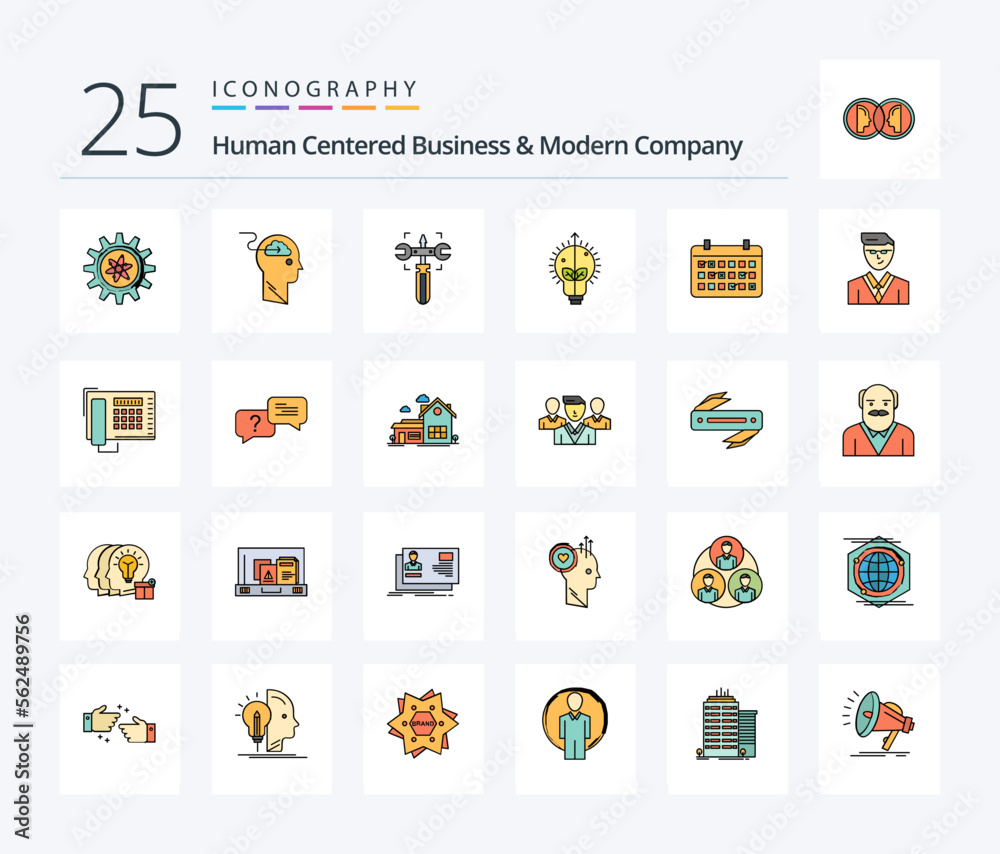 Human Centered Business And Modern Company 25 Line Filled icon pack including calendar. bulb. user. idea. screw